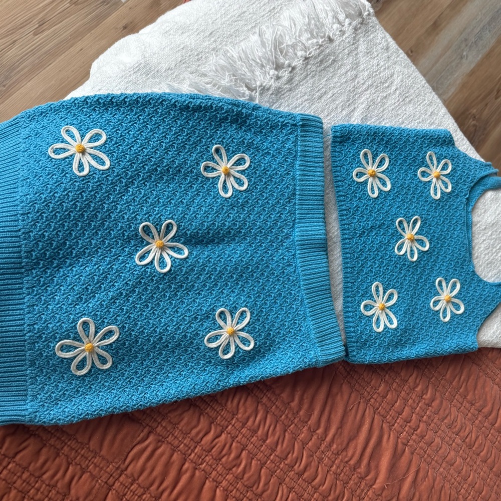 Blue Knit Top with Daisy Embroidery